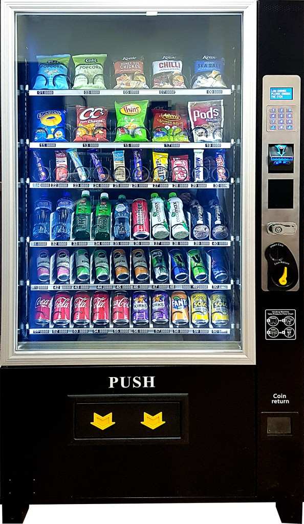 Crown Vending MAXI 10G TCN combo vending machine stocked with chips, chocolate bars, water and soft drinks
