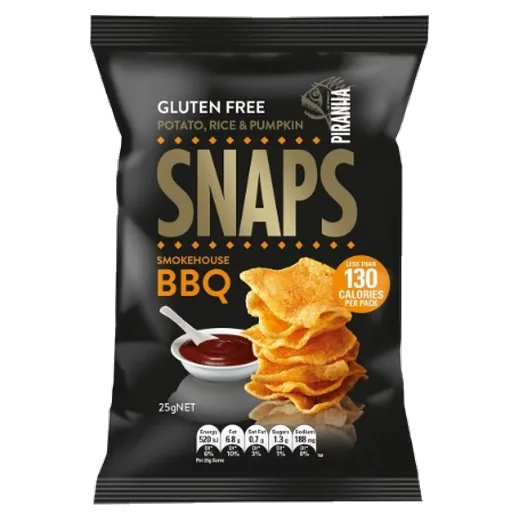 Piranha Snaps Smokehouse BBQ Gluten free crisps vending machine product