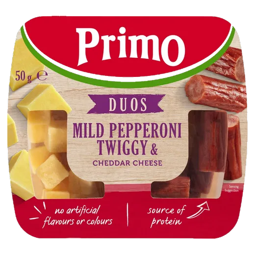Primo Duos Mild Pepperoni Twiggy & Cheddar Protein snack pack vending machine product