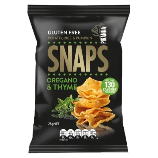 Piranha Snaps Oregano & Thyme Gluten free crisps vending machine product