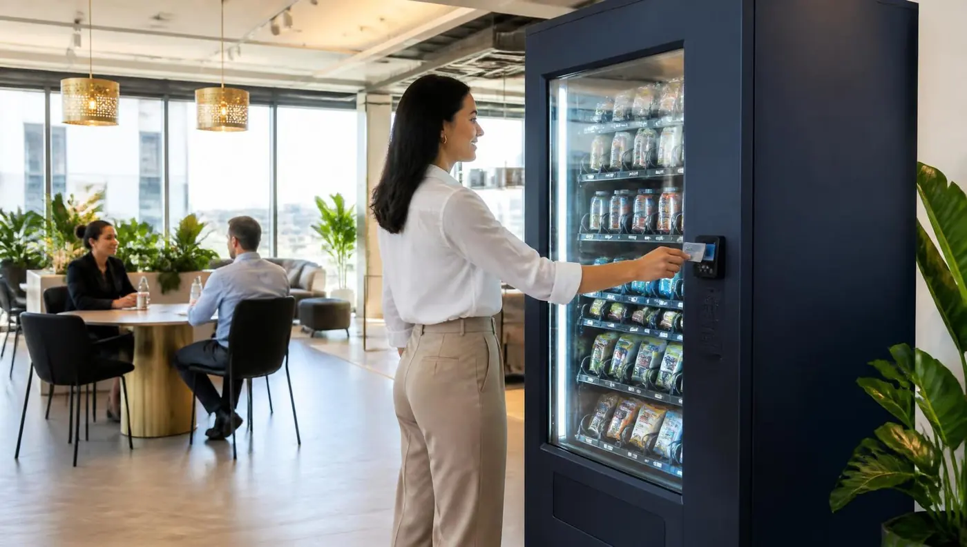 Employee paying by card at a modern Crown Vending snack machine in a bright Australian office breakout area