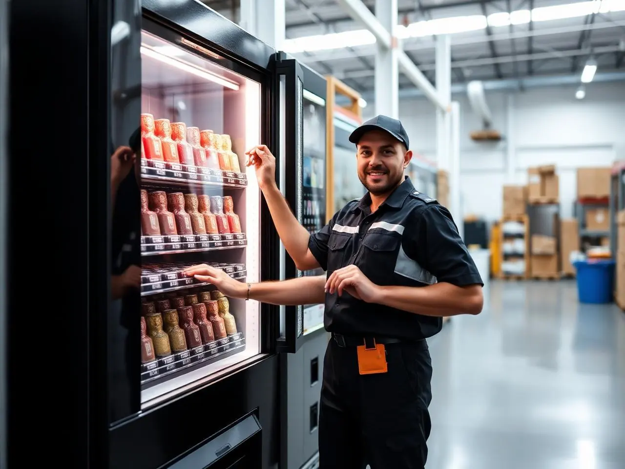 Crown Vending technician restocking and checking a vending machine at a client site