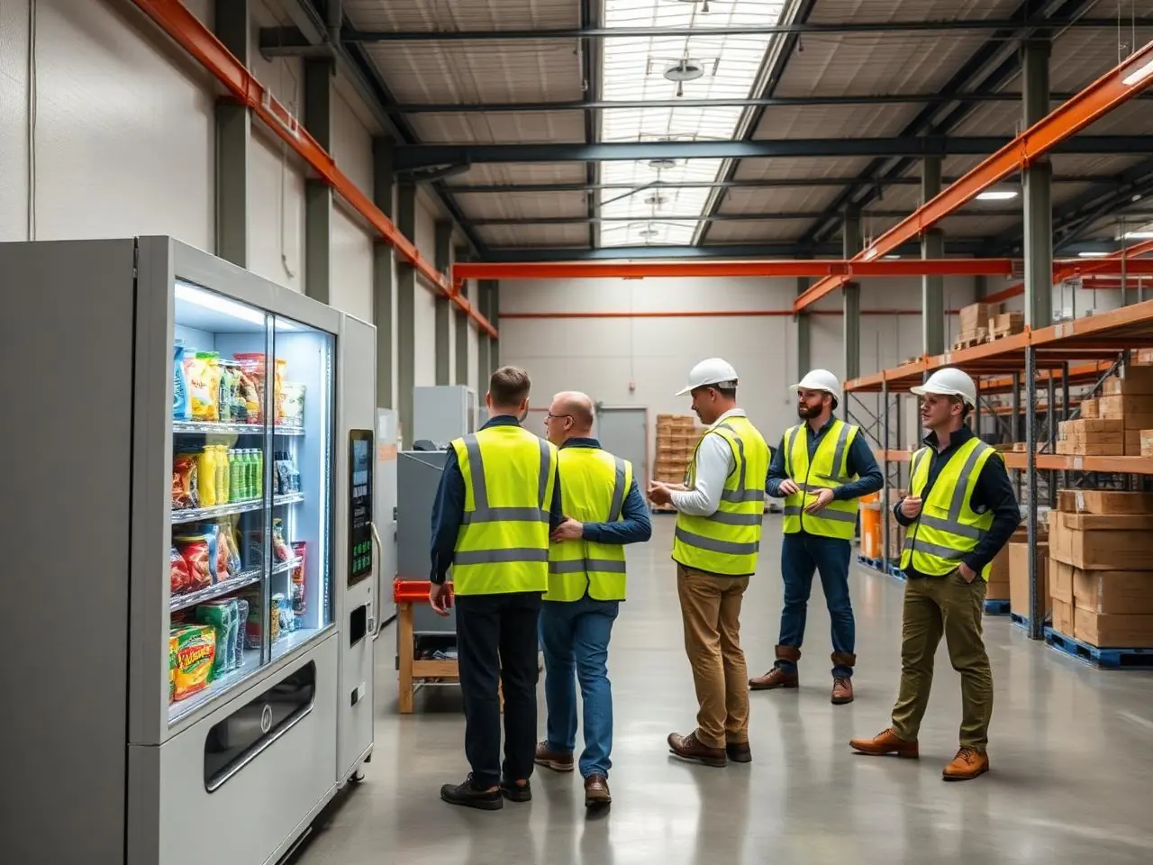 Staff using a Crown Vending machine in a busy workplace amenity area